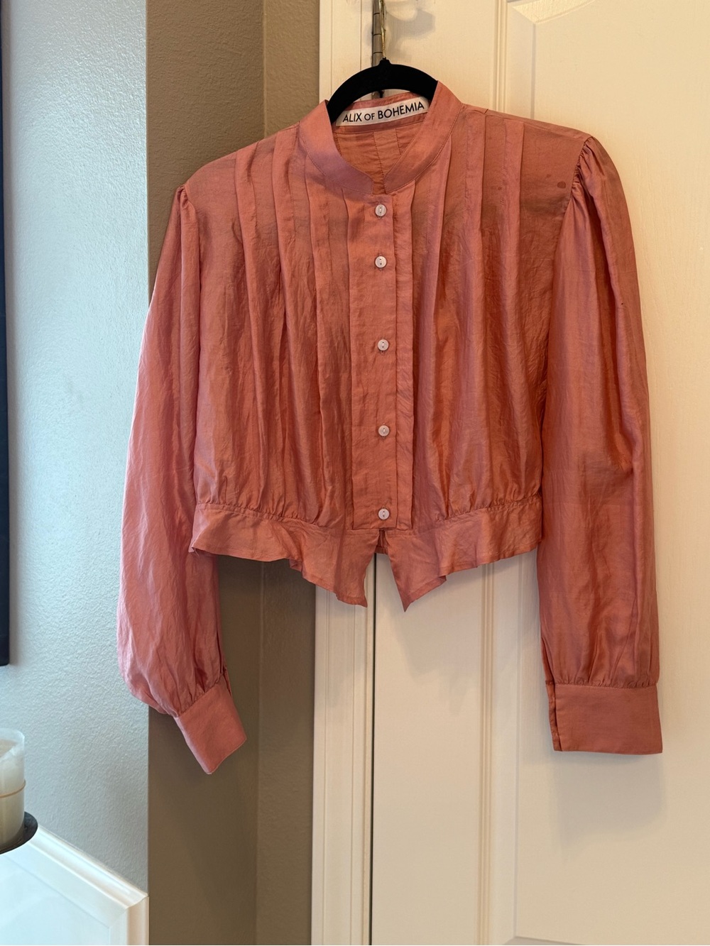 Alix of Bohemia 100% Silk Pink Pintuck Blouse Puff Sleeve Cropped Boho Top S
